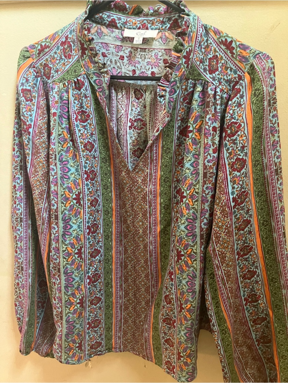 easel Multicolor Floral Stripe Peasant Blouse - Green, Orange, Purple, Blue